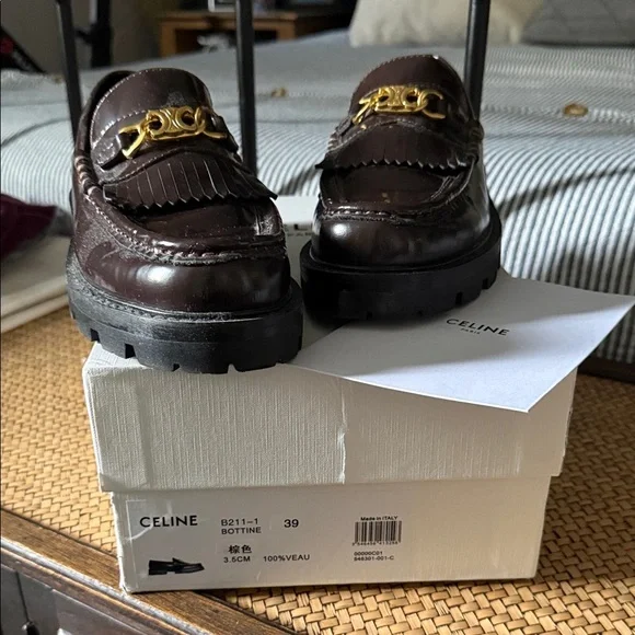 Celine Women’s Dark Brown Leather Loafers with Gold Accent - Picture 1 of 2